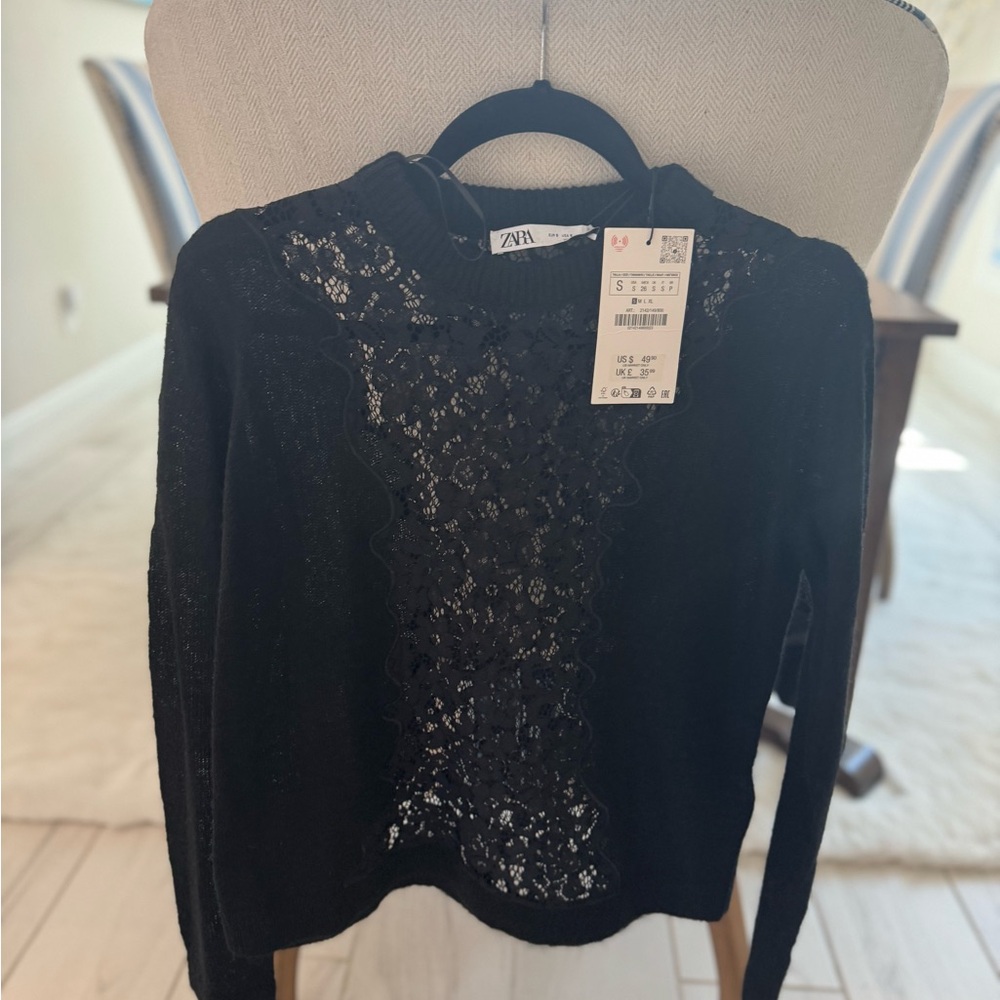 Zara Black Long-Sleeve Lace Front Top